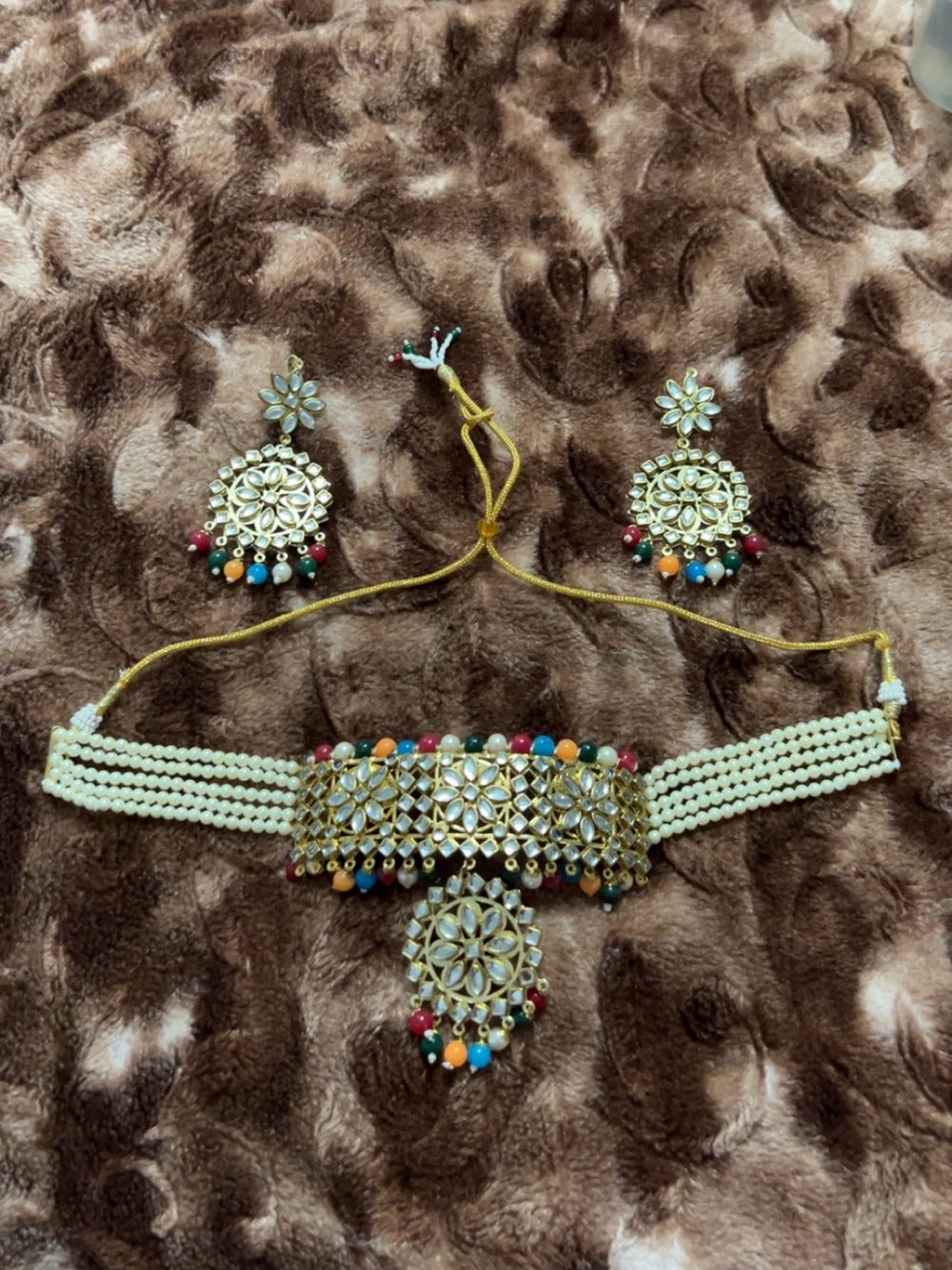 Traditional Kundan-Style Pearl Choker Set with Multicolor Beads
